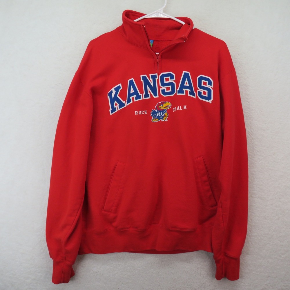 Champion Kansas Jayhawks Quarter Zip Sweatshirt Red Eco Fleece Mens Large KU